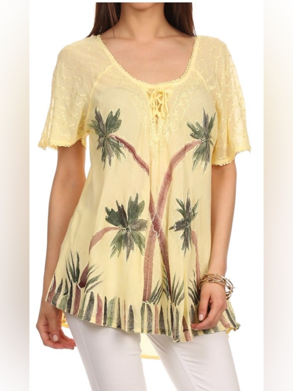 Sakkas Albina Island Relaxed‎ Fit Embroidery Palm Tree Blouse Yellow Plus Size